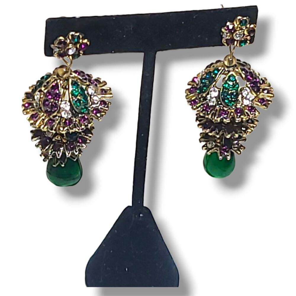 Vintage‎ Purple Green & Gold Tone India Bollywood Style Chandelier Earrings